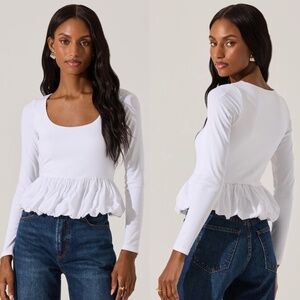 NEW ASTR the Label WHITE Ribbed Bodice POPLIN Bubble Hem PEPLUM TOP S
